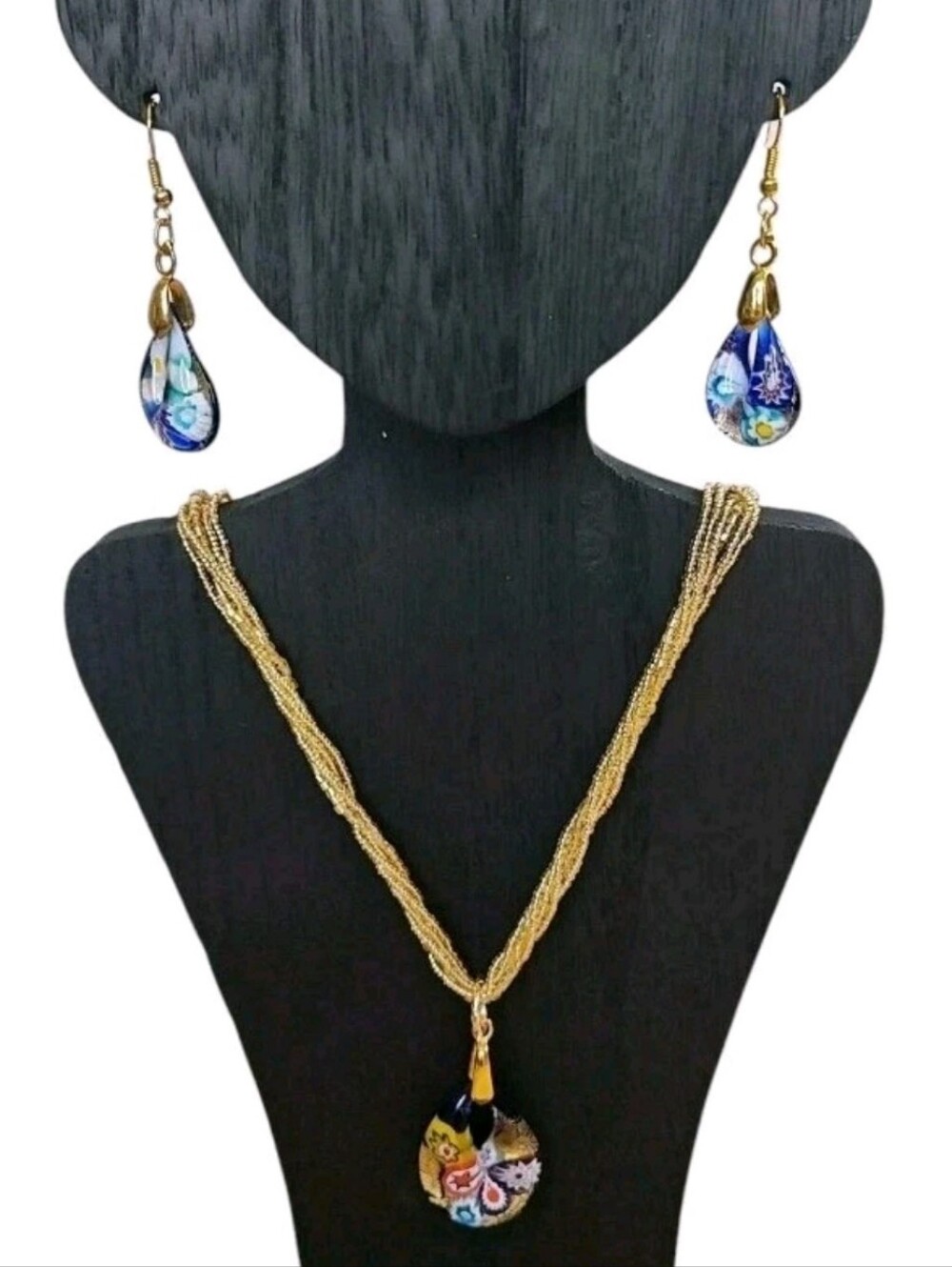 Murano Venetian Millerfori Glass Floral Pendant Twisted Strand Necklace Earrings